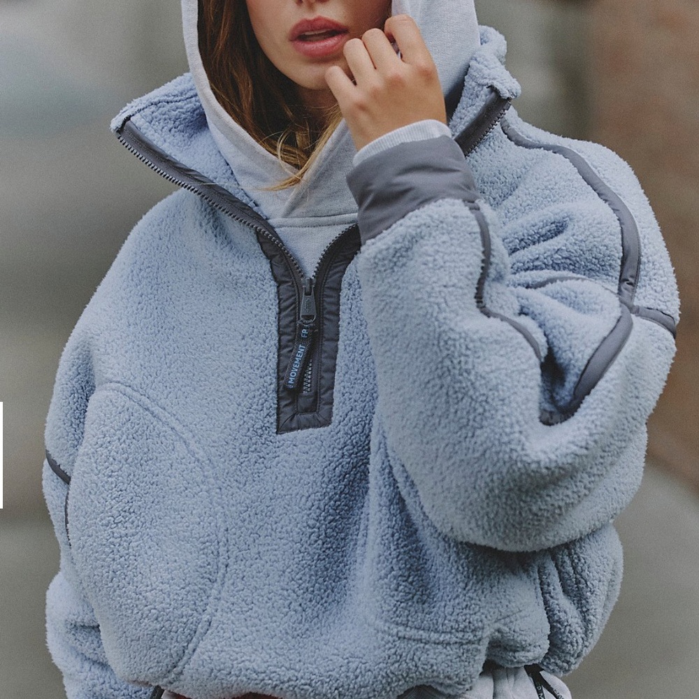 Free People Light Blue Sherpa Pullover Hoodie with Gray Trim